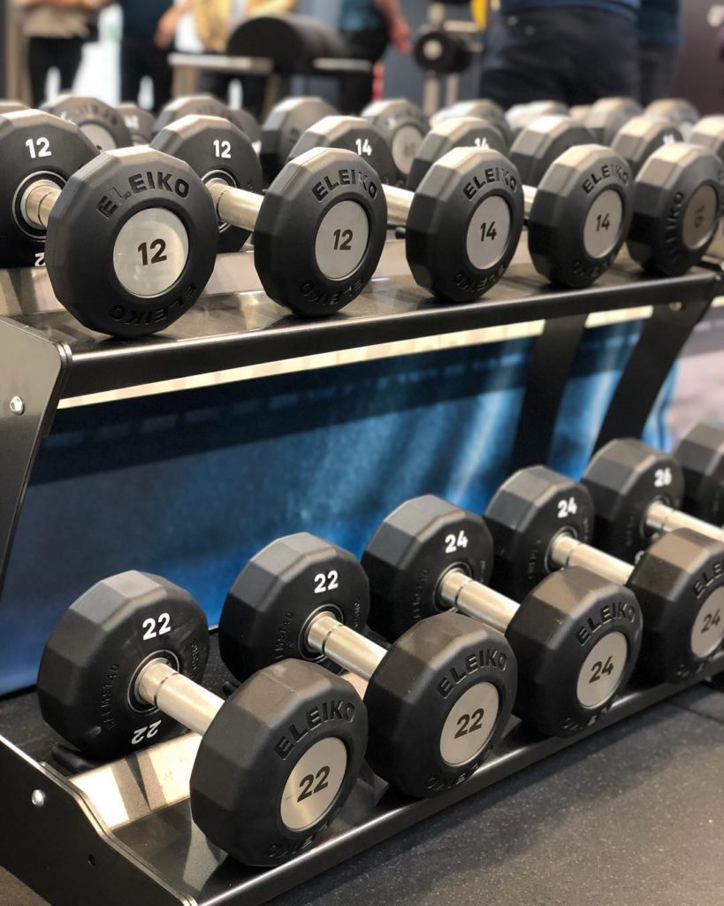 View of Eleiko Urethane Dumbbells on a dumbbell rack
